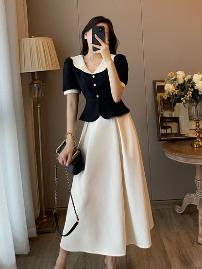 French Retro Polyester Top Two-piece Dress