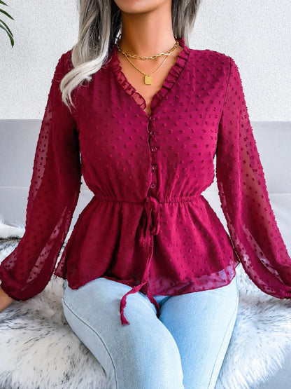 Blusa peplum con cordón en la cintura y ribete de volantes de lunares suizos