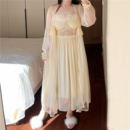 French Mesh Lace Cutout Sling Nightdress Two-piece Pajamas