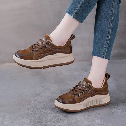 British Style First Layer Cowhide Round Head Soft Leather Casual Lace Up Platform Shoes