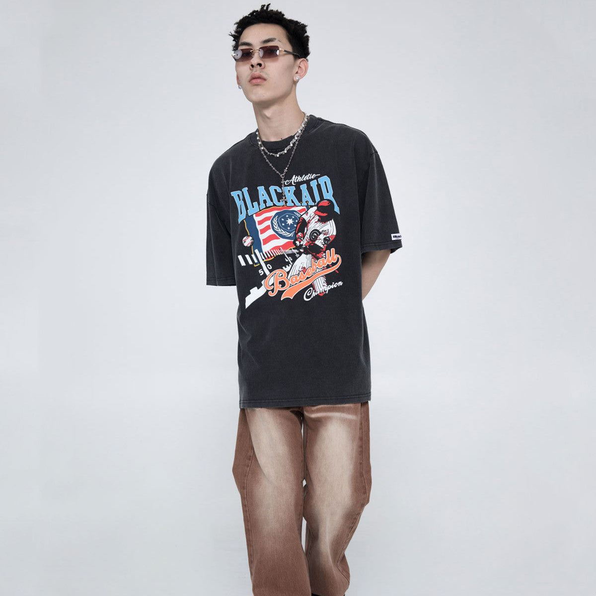 Washed Distressed Short Sleeve Baseball Vintage Print Loose T-Shirt