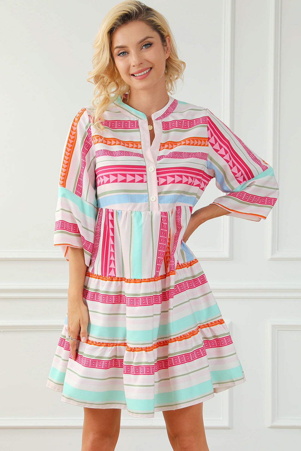 Multicolour Boho Geometric Print Bracelet Sleeve Buttoned Mini Dress