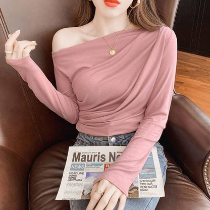 Pleated Collarbone Off-shoulder Shoulder-baring Top Slimming Inspirational Bottoming Shirt