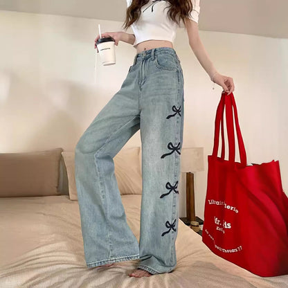 Butterfly Embroidered Jeans Wide-leg Pants For Women