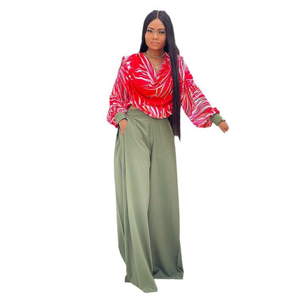 Women's Fashionable Printed Lantern Sleeve Shirt Wide-leg Suit