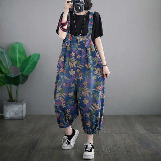 Loose Slimming Slim Fit Printed Cropped Denim Suspender Pants