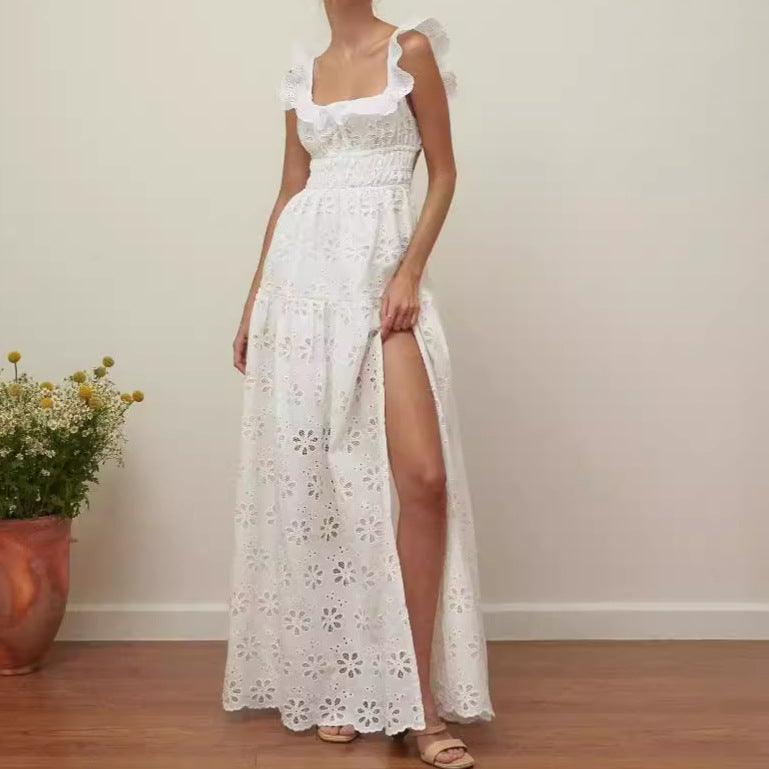 Vestido con tirantes blanco ahuecado para mujer