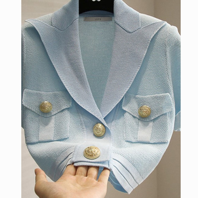 Women's Metal Button Lapel Short Sleeve Ice Silk Knitted Sweater