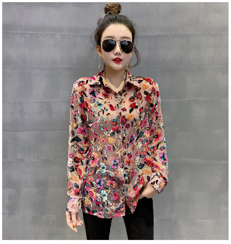 New Product Floral Net Yarn Shirt  Fan