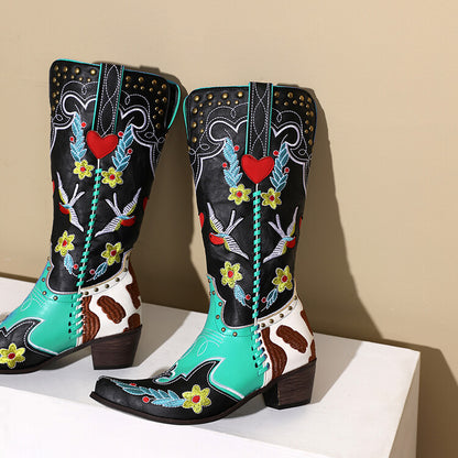 Denim Western Shoes Women's Leather Boots Exquisite Embroidery