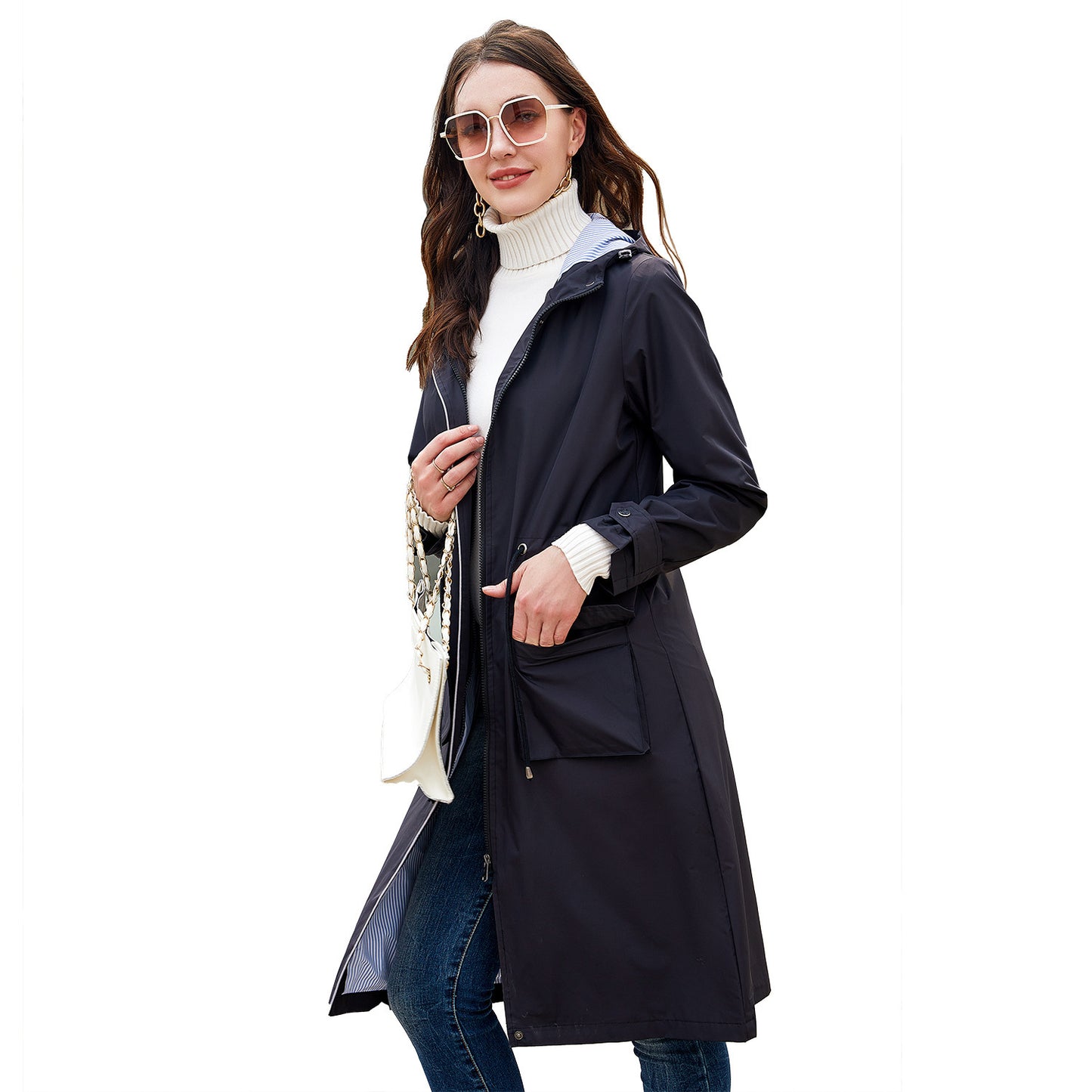 Long Casual Windbreaker Women's Waterproof Hooded Solid Color Top Striped Lining Straight Coat