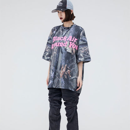 Letter Foamed Print True Leaf Camo Digital Loose Short Sleeve