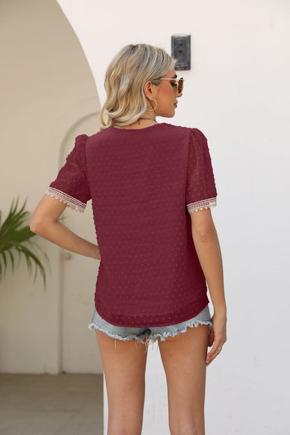 Contrast V-Neck Swiss Dot Top