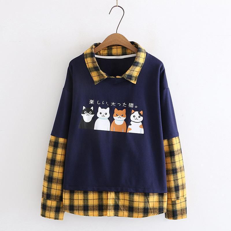 Sweater Fake Two-Piece Stitching Plaid Girl Big Boy New Loose Four Cats Print