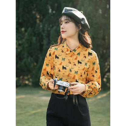 Vintage Hong Kong Style Printed Long-sleeved Shirt Top