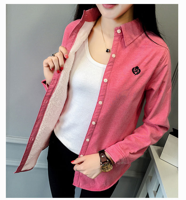 New student embroidery plus velvet shirt women long-sleeved bottoming wild thick warm shirt women