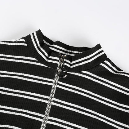 STRIPPED ZIPPER CROPPED SWEATSHIRT