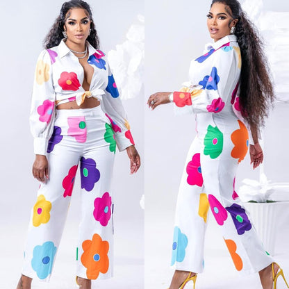 Conjunto de dos piezas de traje de camisa estampado en color de moda para mujer