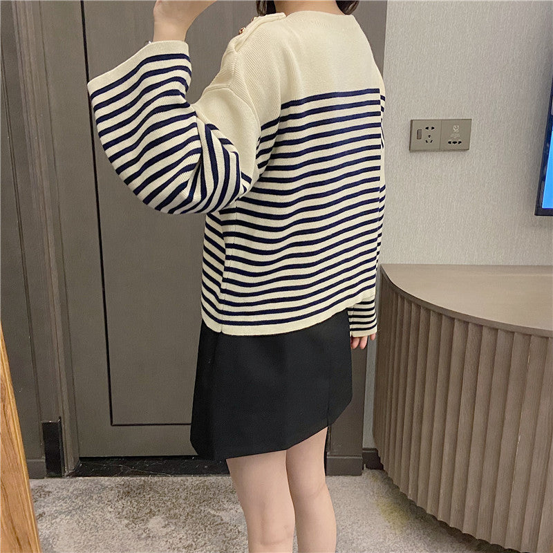 New V-neck Shoulder Button Knit Loose Stripe Women's Sweater