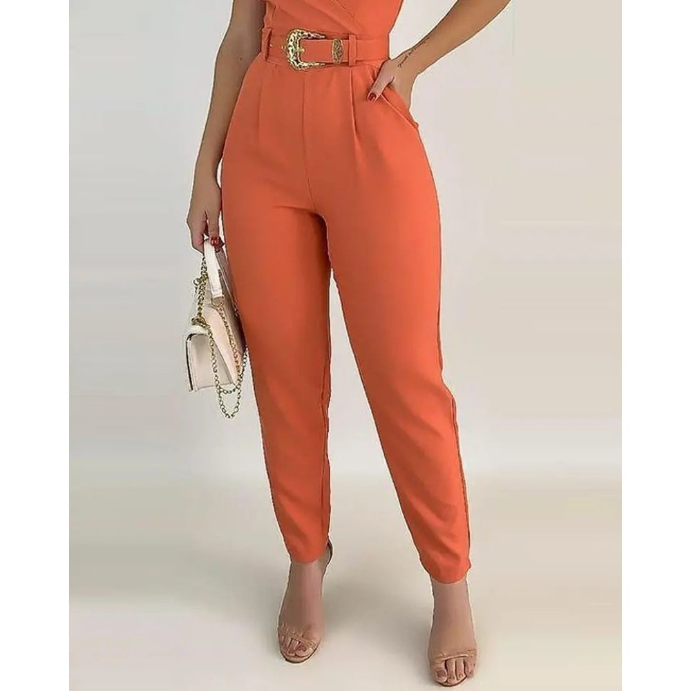 Women's Clothes V-neck Lace Up Solid Color Jumpsuit