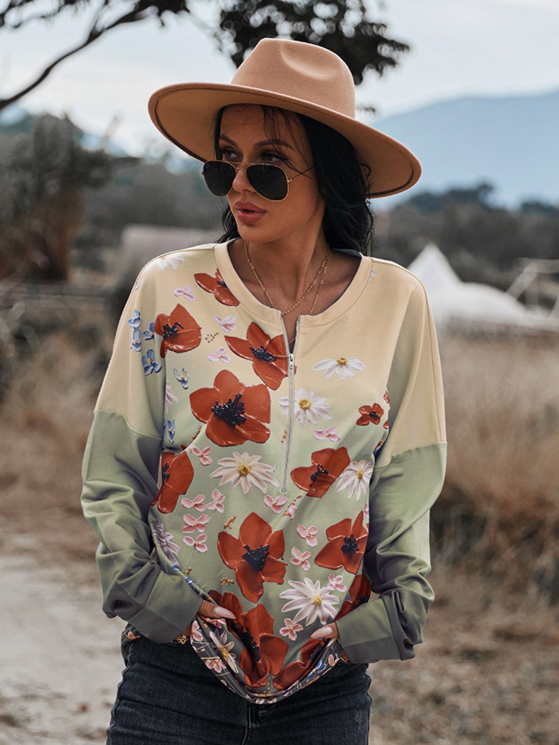 Blouse à épaules tombantes et fermeture éclair sur le devant à imprimé floral