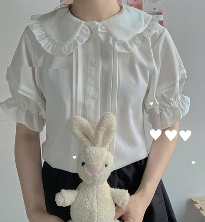 Camisa Básica De Manga Corta Con Borde De Hongo Y Cuello De Muñeca