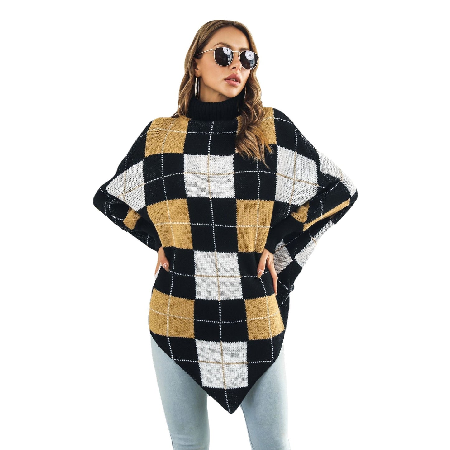 Women's Mid-length Plaid Jacquard Cape Sweater Coat