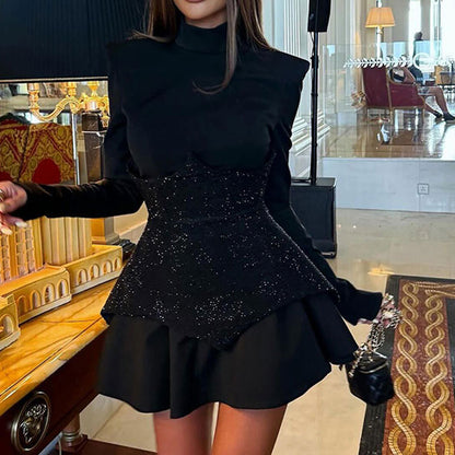 Sequin Black Mock-neck Padded Shoulder A- Line Mini Dress