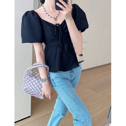 Women's New Square Collar Slim Waist Shirt Short Top