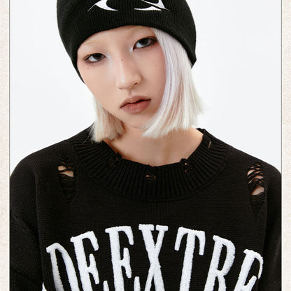 Letter Idle Style Wormhole Damaged Knitted Sweater