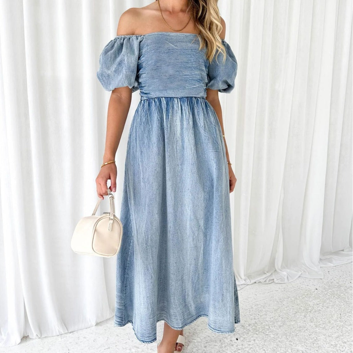 Puff Sleeve Waist-tight Denim Long Dress