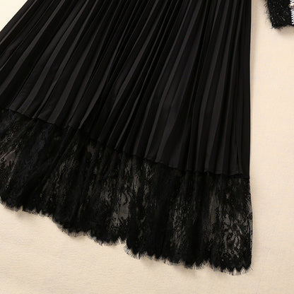 Long Sleeve Wool Tassel Stitching Pleated Large Swing Dress