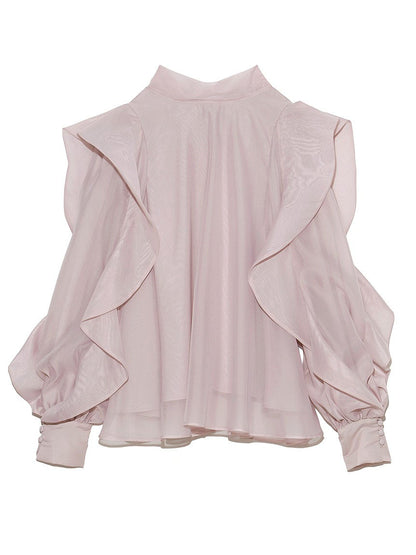 Stand-neck Printed Chiffon Shirt Ruffled Pullover Top