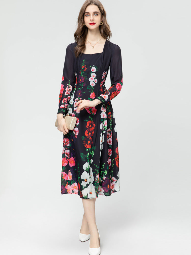 Retro Style Fashion Square Collar Long Sleeve Red Printed Black Mid-length Dress