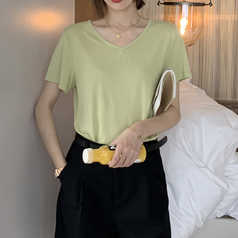 Ice silk solid color short-sleeved T-shirt women