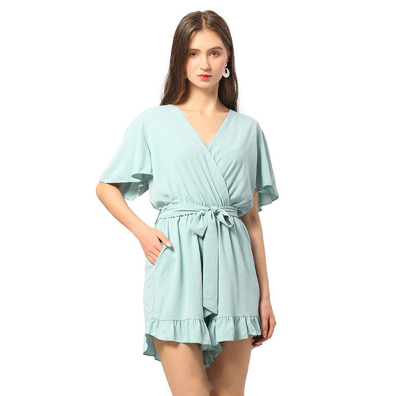 Satin VNeck Jumpsuit Shorts Nipped Waist Ruffle French Dress