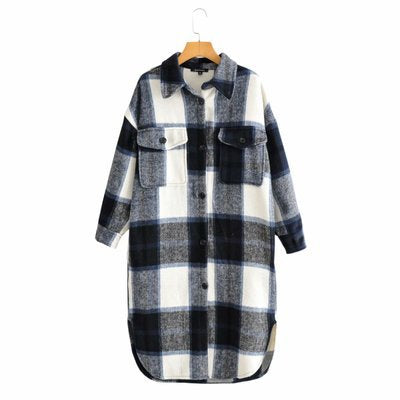 Plaid Woolen Shirt Jacket With Side Slit Lapel