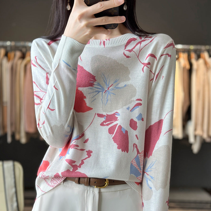 Round Neck Printed Silk Worsted Wool Sweater Pullover