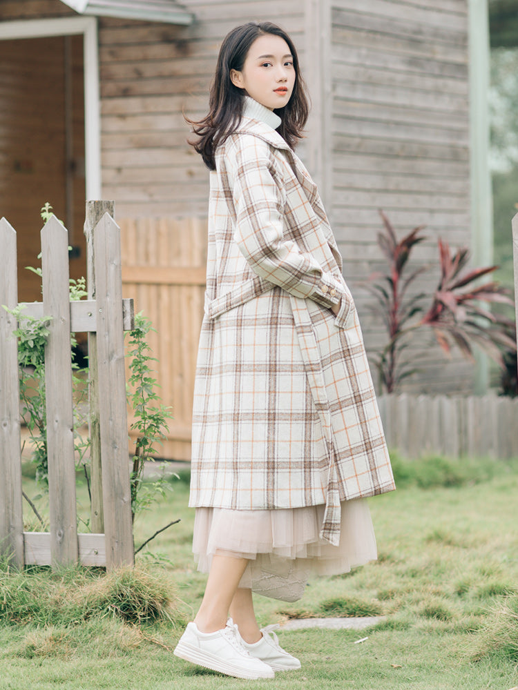 Plaid Beige Lapel Over-The-Knee Woolen Korean Style Coat