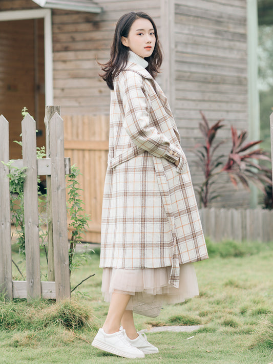 Plaid Beige Lapel Over-The-Knee Woolen Korean Style Coat