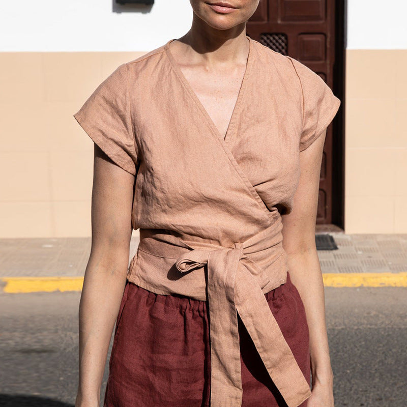 Haut à lacets en coton et lin, col en v, T-shirt à manches courtes pour femmes