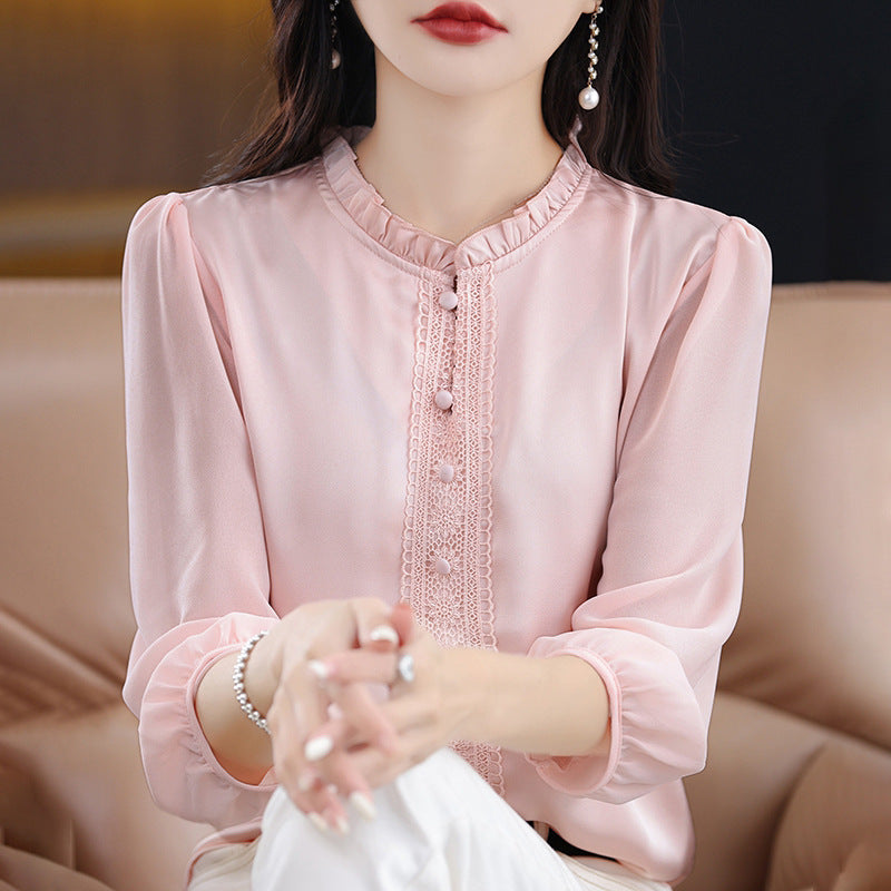 Ruffled Collar Solid Color Three-quarter Length Sleeve Shirt For Women