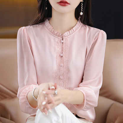 Ruffled Collar Solid Color Three-quarter Length Sleeve Shirt For Women