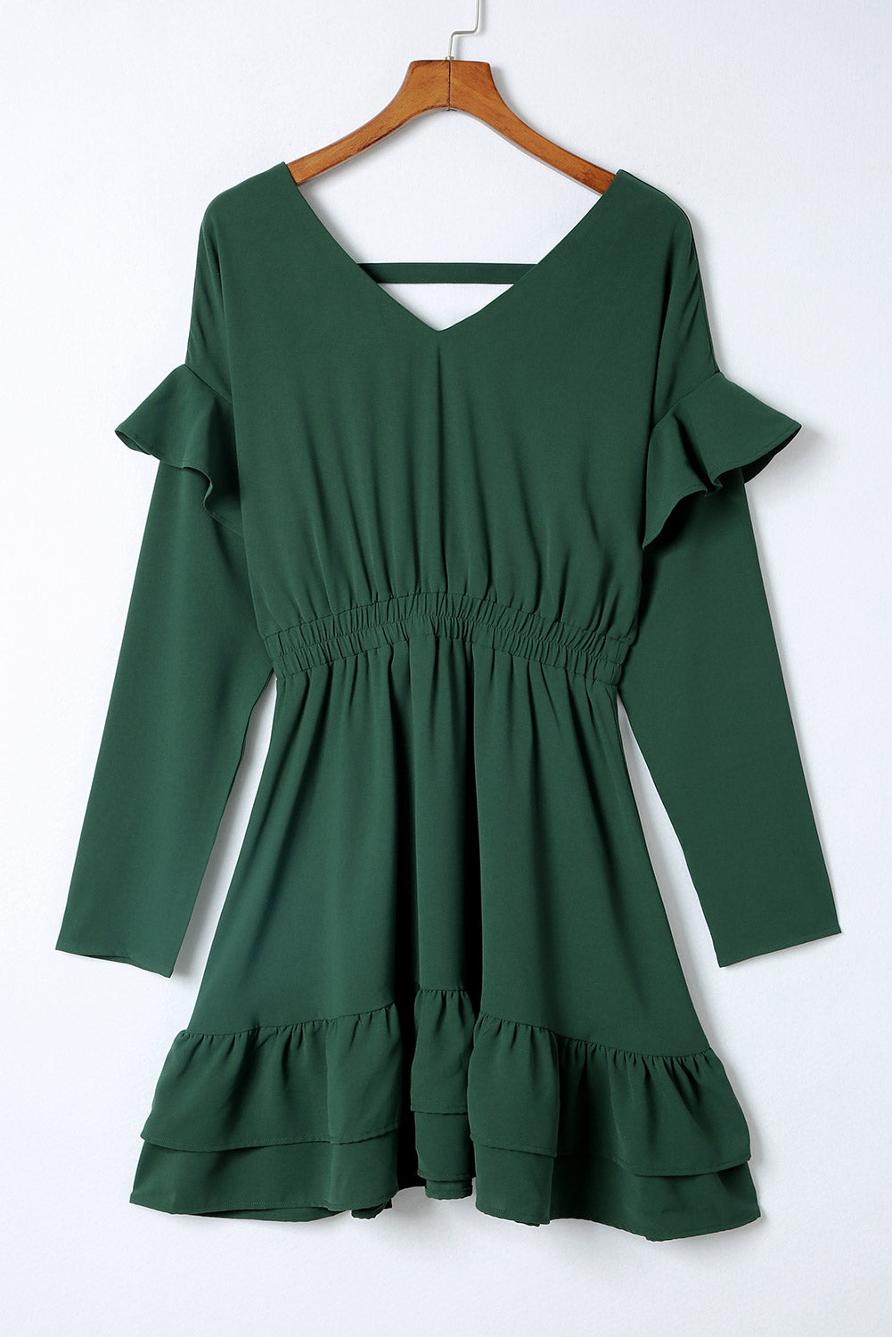 Mini-robe taille haute à volants et col en V de couleur unie verte