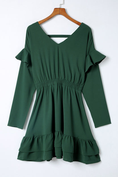 Green Solid Color Ruffled V Neck High Waist Mini Dress