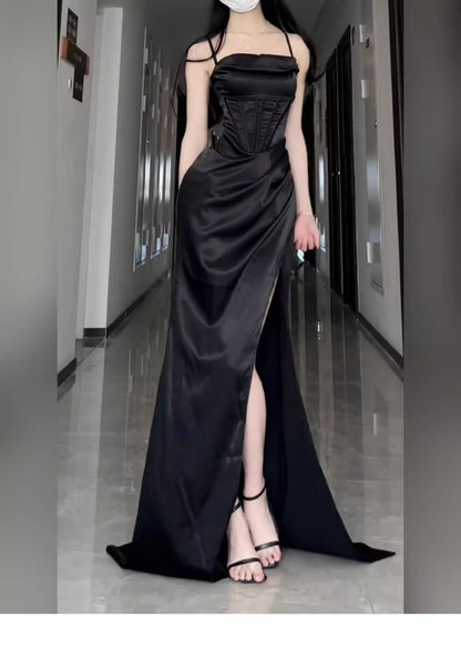 Long Formal Plus Size Black Slit Sling Dress