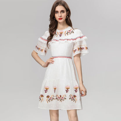 Machine Embroidery Ruffled Stitching Flared Short Sleeve White Short Dress