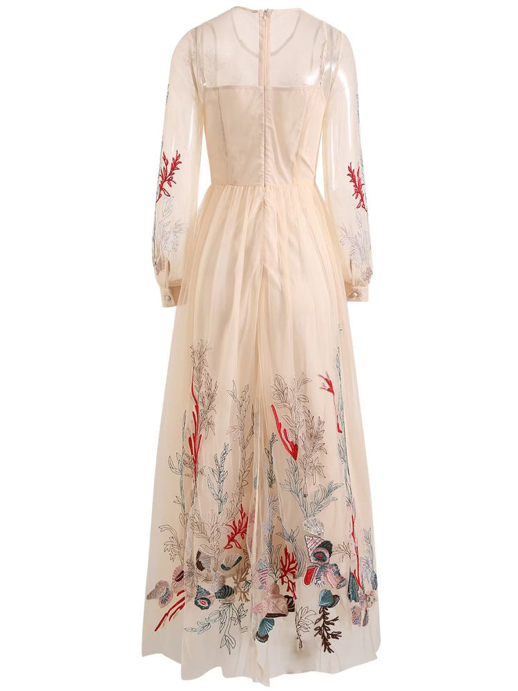 Exquisite Embroidery Floral See-through Apricot Dress Long Princess Style Dress