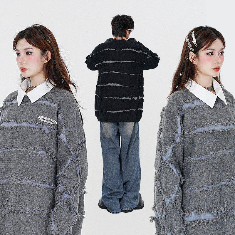 Irregular Cut Deformed Striped Solid Color Sweater