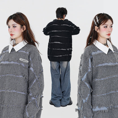 Irregular Cut Deformed Striped Solid Color Sweater